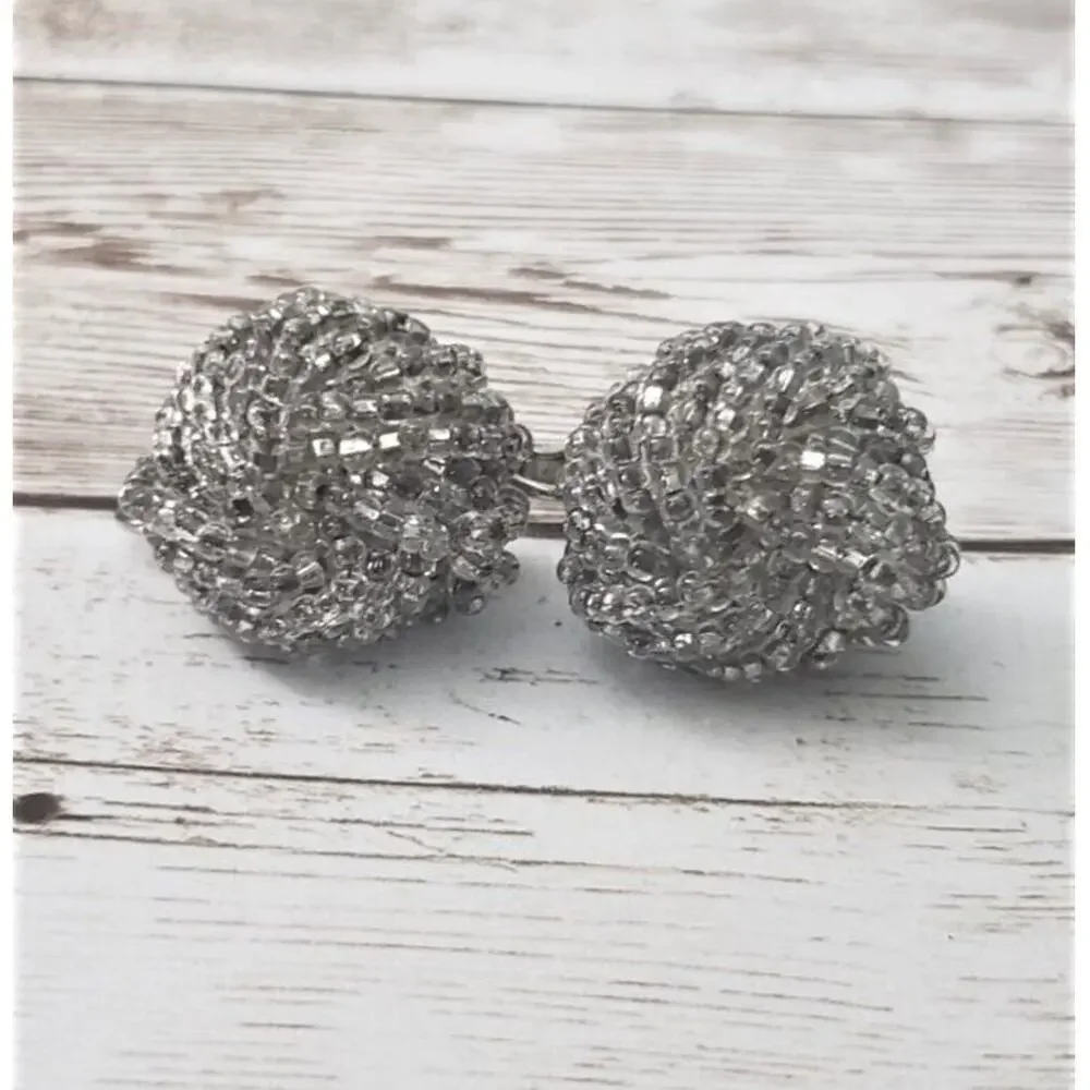 Vintage Clip On Earrings - Silver/Grey Beaded Statement Earrings 1